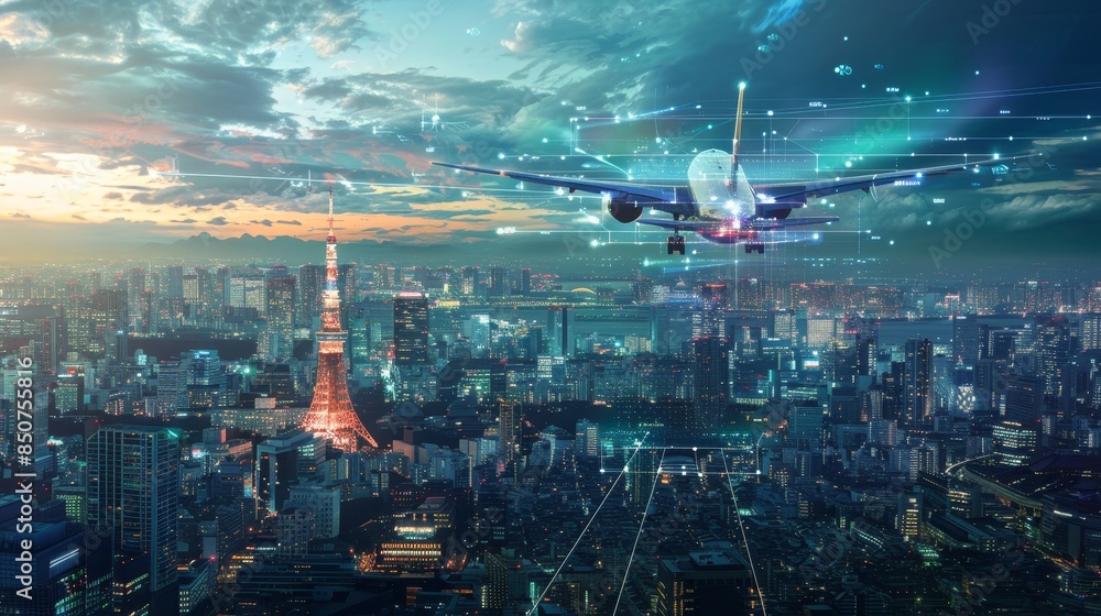 Futuristic airliner over smart cityscape showcasing advanced digital connectivity. Futuristic airliner over smart cityscape showcasing advanced digital connectivity.