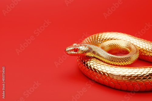 A gold snake on a vibrant red background, celebrating the Chinese New Year of the Snake in 2025 with a festive and traditional theme. photo