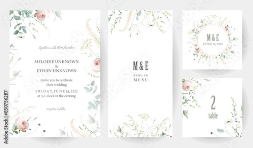 Herbs, branches and rose flowers vector frames. Hand painted branches, leaves on white background. Greenery wedding simple minimalist invitations. Watercolor cards. Elements are isolated and editable