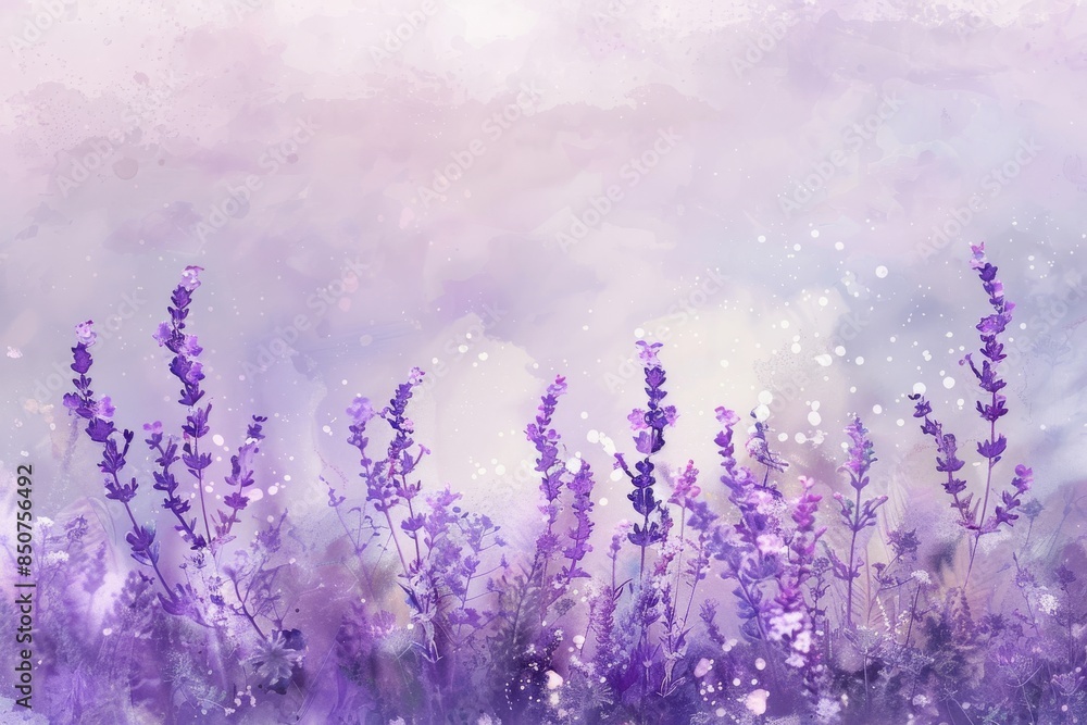 Naklejka premium Painting of watercolor pastel cherry blossoms amidst a lavender field