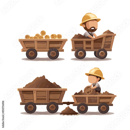 cartoon happy farmer with wooden cart full of gold coins, simple flat vector illustration style on white background