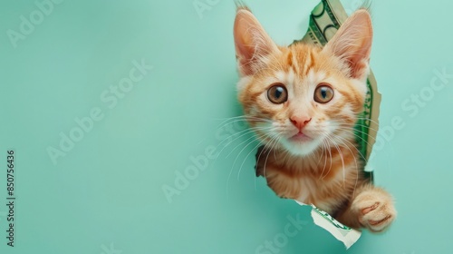 A curious cat's head peeking out from a hole in a dollar bill, front side, on a pastel color background, highlighting a unique blend of finance and feline curiosity Generative ai