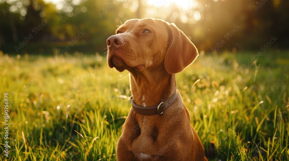 Hungarian hound pointer vizsla outdoors on a large grass field Hungarian hound pointer vizsla outdoors on a large grass field