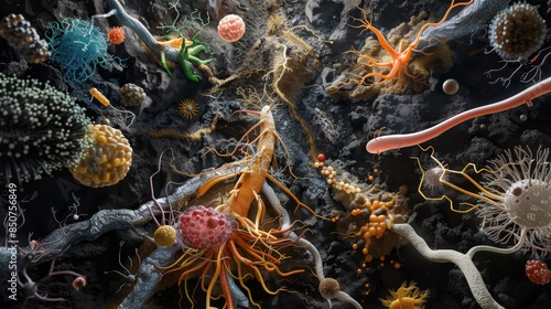 High-res photo of soil biota network, bacteria to nematodes, in their habitat, revealing the hidden world underfoot. photo