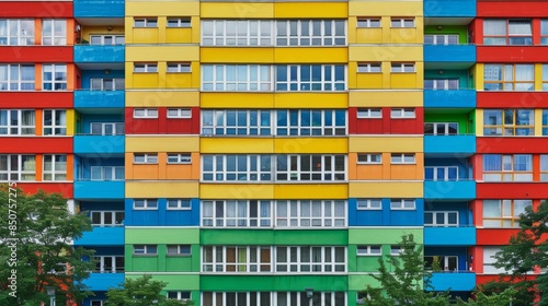 An artificial intelligence generated multicolored building with many balconies and windows.