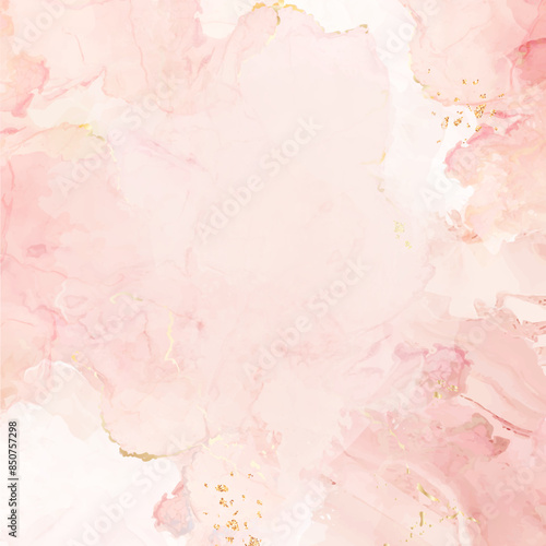 Pastel peachy watercolor fluid painting vector design card. Peachy fuzz and white marble golden geode frame. Spring wedding invitation. Petal or veil texture. Dye splash style. Isolated and editable