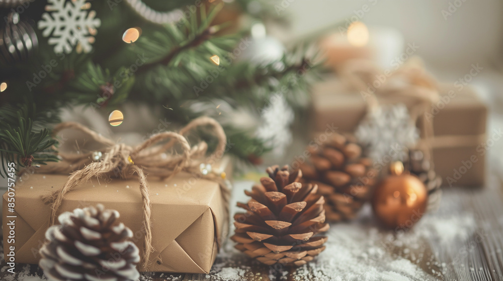 Festive Christmas Tree with Pine Cones and Wrapped Gifts, New years concept. Festive Christmas Tree with Pine Cones and Wrapped Gifts, New years concept.