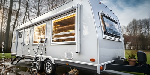 Man enhancing the appearance of a camper trailer by sealing windows with sealant. Concept DIY camper renovation, Sealing windows, Home improvement, RV maintenance