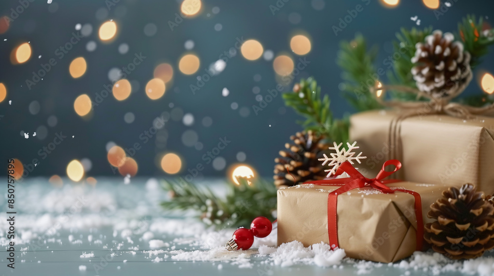 Festive Christmas Presents With Holiday Decorations and Pine Cones, New years concept. Festive Christmas Presents With Holiday Decorations and Pine Cones, New years concept.