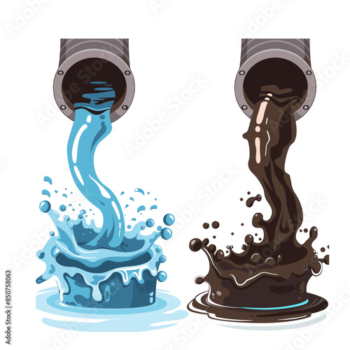 sewer pipes with water flowing out, in a cartoon style