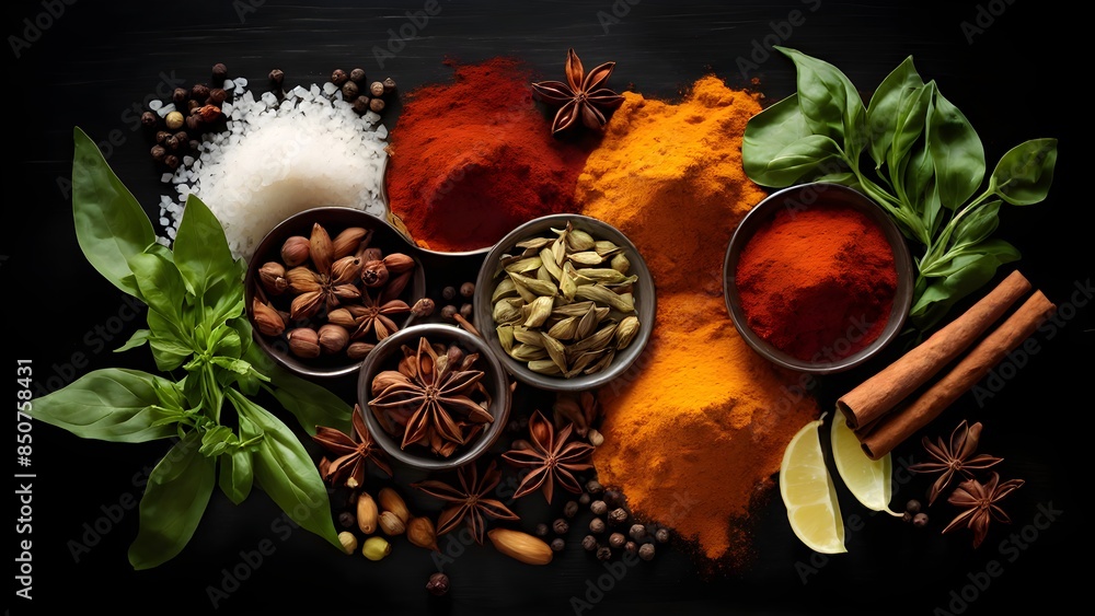 Colorful spices with copy space garlic, anise, and more. Generative AI Colorful spices with copy space garlic, anise, and more. Generative AI