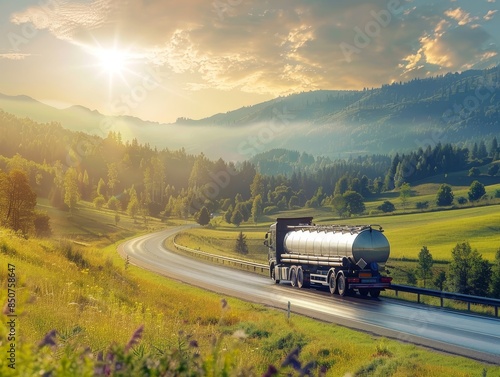 Majestic silver fuel truck traverses breathtaking landscape bathed in golden sunlight. photo