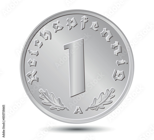 1 Reichspfennig of Germany outlined in vector. Oak leaves below. Nazi time. The reverse side of the coin is isolated on a white background. Vector.