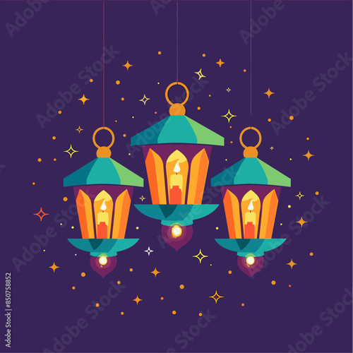 ector flat design illustration of three hanging Ramadan lanterns with candles, purple background with stars, cute cartoon style