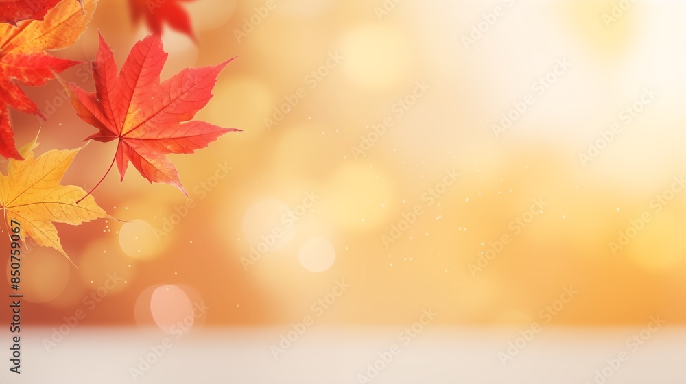 Fototapeta premium web banner design for autumn season and end year activity with red and yellow maple leaves with soft focus light and bokeh background.