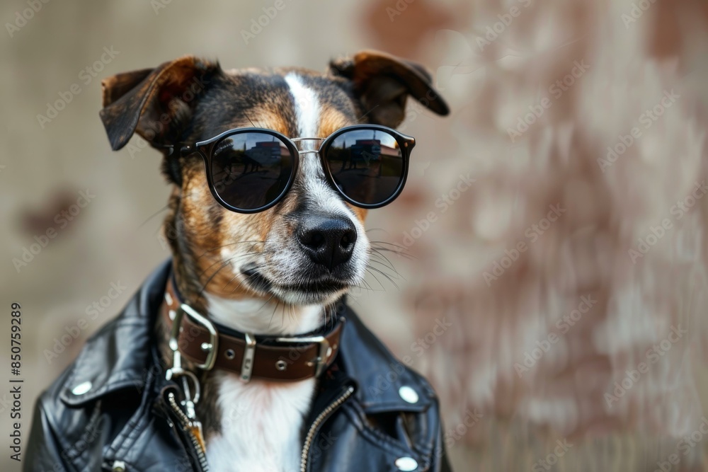 Stylish dog donning sunglasses and a leather jacket poses with attitude