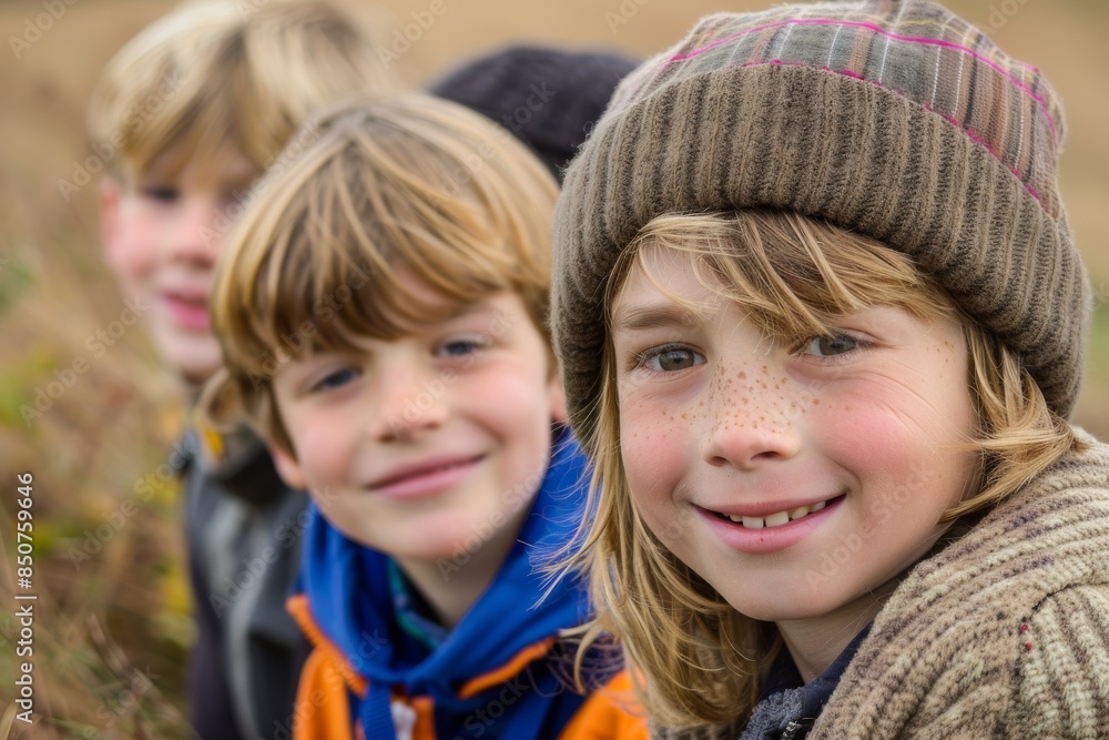 Portrait of three children in the autumn park, shallow depth of field Portrait of three children in the autumn park, shallow depth of field