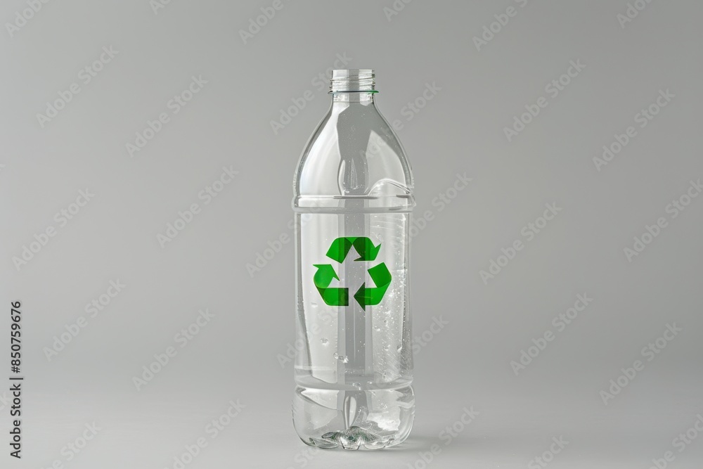 Clear plastic bottle with recycling symbol on gray background Clear plastic bottle with recycling symbol on gray background