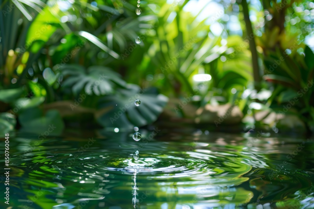 Tranquil water drops in lush greenery Tranquil water drops in lush greenery