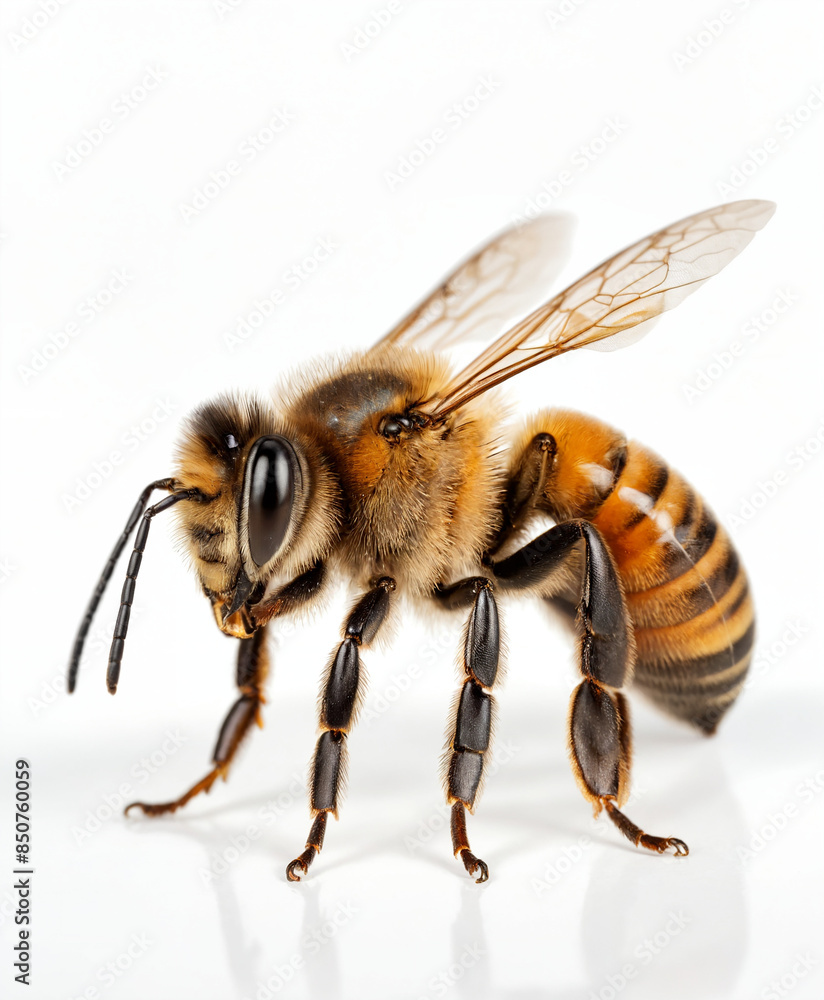 Honey bee standing on white background showing its stinger Honey bee standing on white background showing its stinger