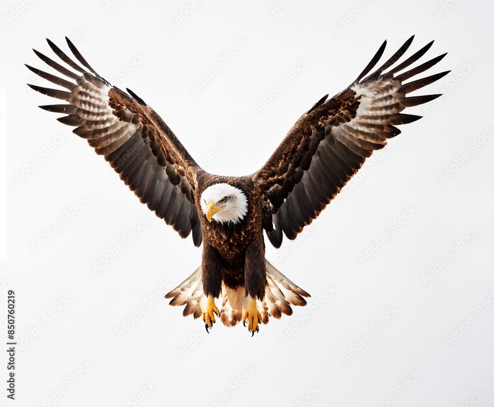 Majestic bald eagle with wide open wings landing