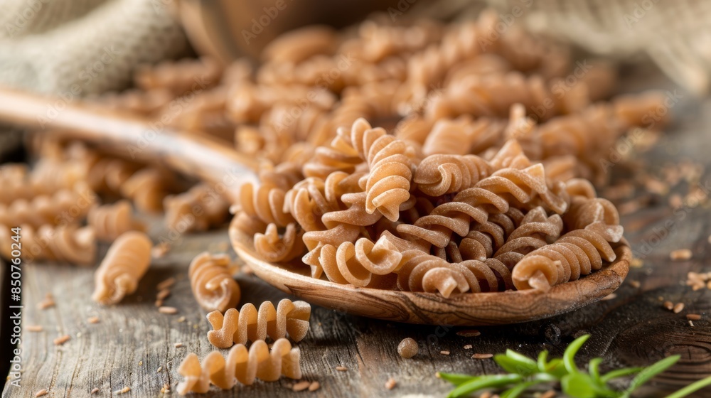 Fototapeta premium Whole grain fusilli pasta in a wooden spoon on rustic background