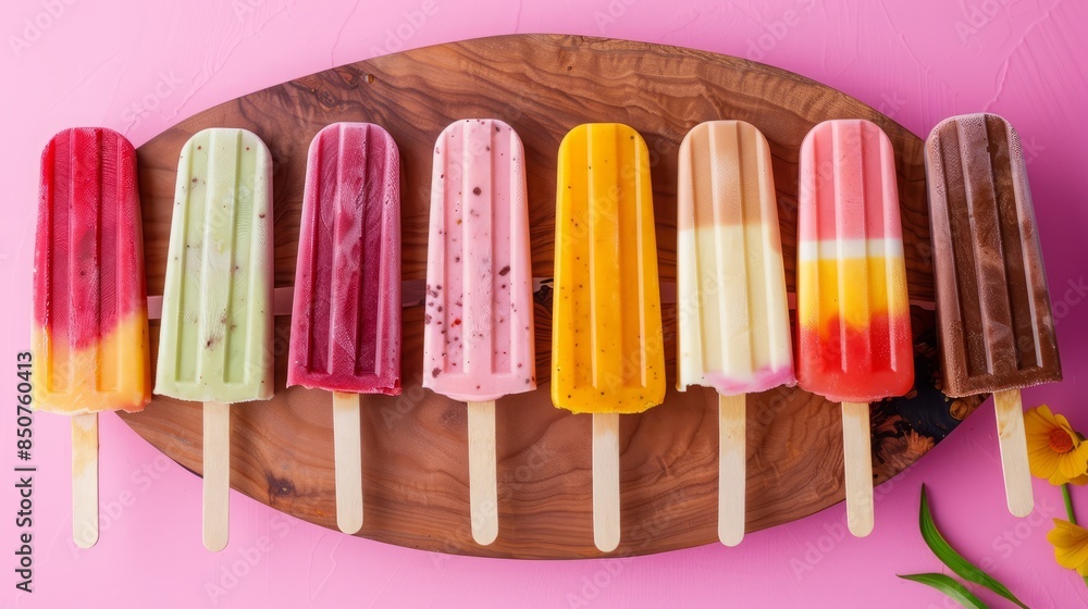 An assortment of different popsicles on a stick isolated, pastel tropical background An assortment of different popsicles on a stick isolated, pastel tropical background