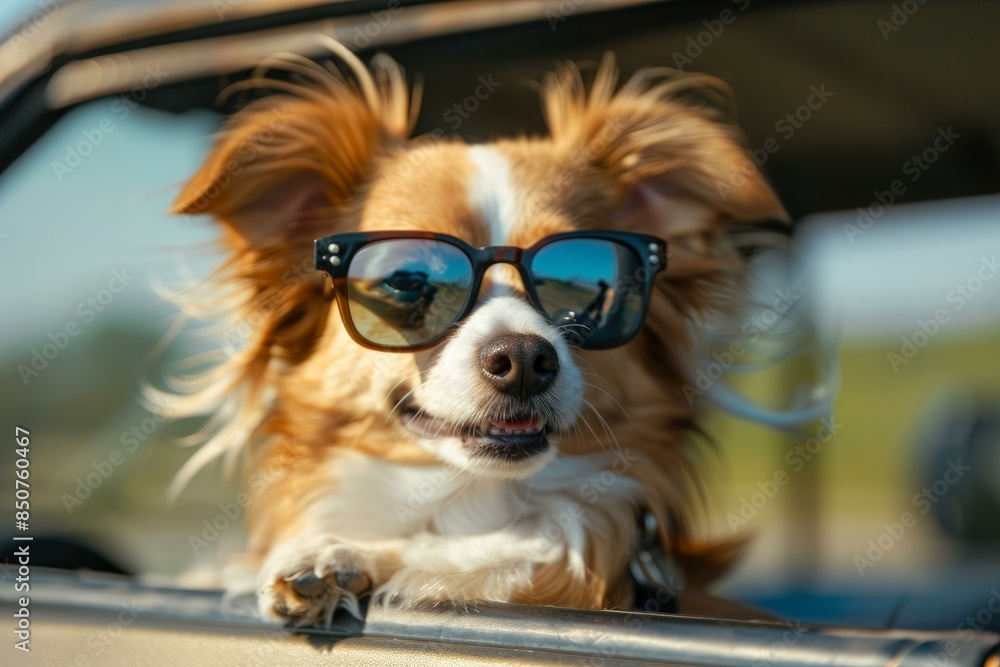 Charming dog with sunglasses looks out from a car, embodying leisure and joy Charming dog with sunglasses looks out from a car, embodying leisure and joy