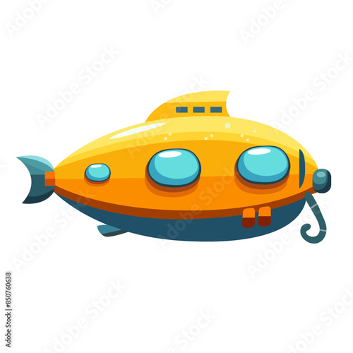 Cute cartoon submarine vector illustration, yellow submarine flat design, isolated on white background