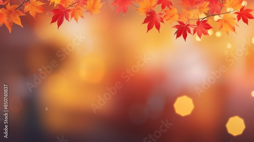 web banner design for autumn season and end year activity with red and yellow maple leaves with soft focus light and bokeh background.