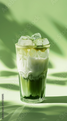 A refreshing iced matcha latte served in a clear glass. The drink features a layer of frothy milk and ice cubes. The glass is set against a pastel green background