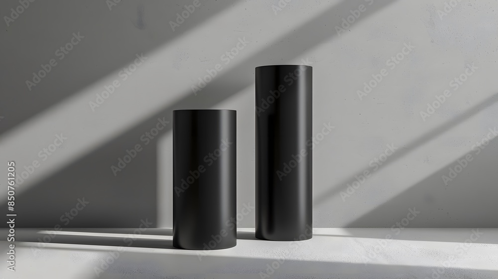 Obraz premium Two sleek black cylindrical pedestals positioned in a harmonious layout, backdrop with subtle shadow play and soft lighting. a sophisticated stage for showcasing jewelry or high-end electronics.