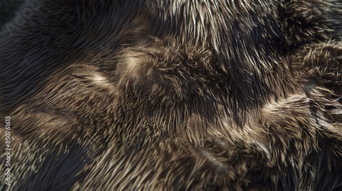 Close-up of otter fur, bright midday light, sleek and water-resistant with dense texture.
