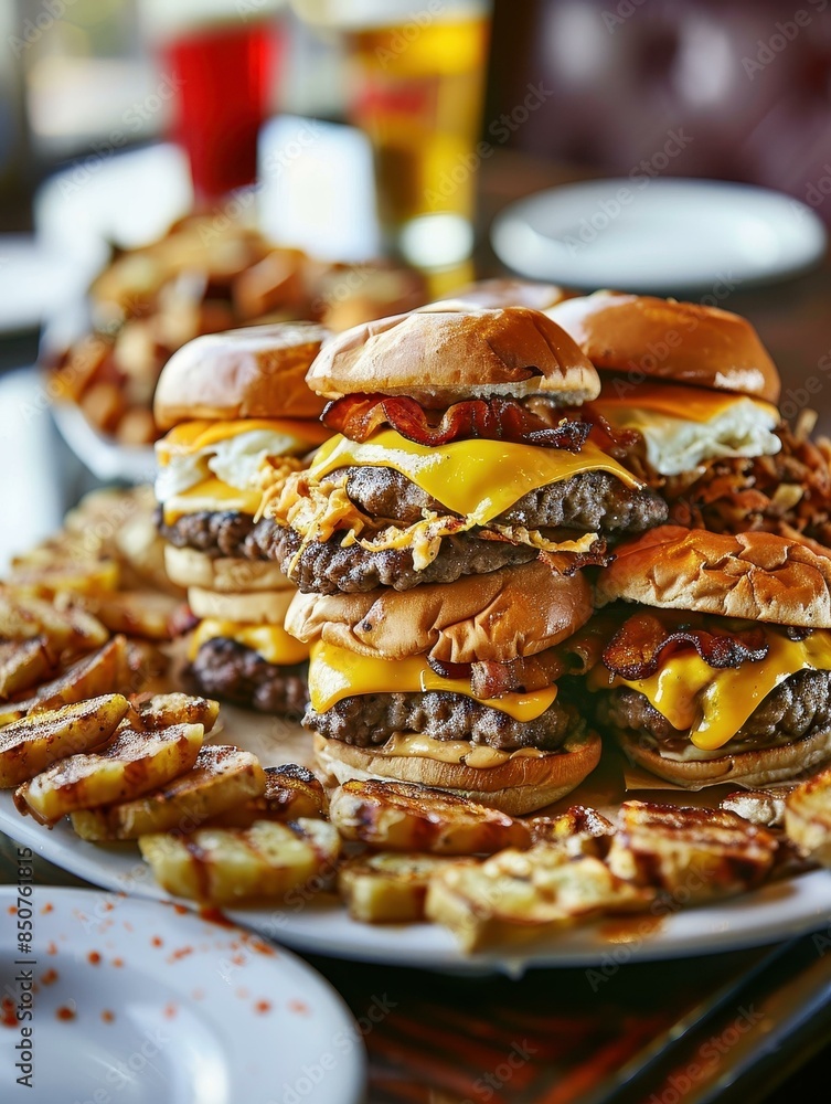 A sumptuous plate of breakfast sliders with juicy beef patties, melted cheese, and crispy bacon, accompanied by a generous serving of seasoned potato wedges. Ideal for hearty breakfast enthusiasts. A sumptuous plate of breakfast sliders with juicy beef patties, melted cheese, and crispy bacon, accompanied by a generous serving of seasoned potato wedges. Ideal for hearty breakfast enthusiasts.