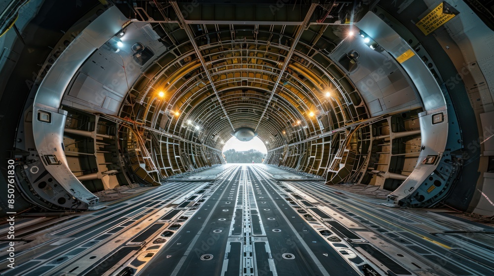 A cross section of a transport plane shows a cargo bay alone with warm lighting. A cross section of a transport plane shows a cargo bay alone with warm lighting.