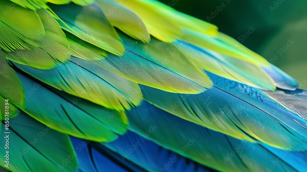 Obraz premium Close-up of parrot feather, gentle natural light, vivid green and blue hues with smooth texture. 