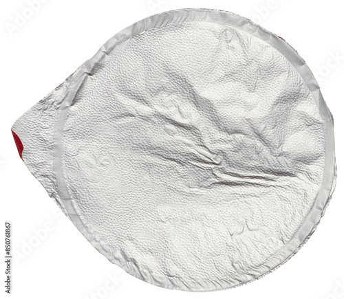 Round aluminum thin lid for plastic yogurt jars, sour cream on a white background