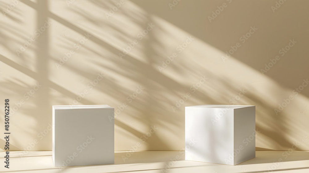 Two white cube podiums were arranged in an aesthetically pleasing composition against a soft beige background with subtle shadows and highlights. Two white cube podiums were arranged in an aesthetically pleasing composition against a soft beige background with subtle shadows and highlights.