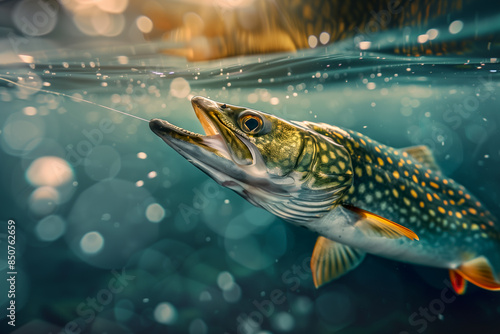 Pike swimming in clear water with underwater vegetation, serene natural environment