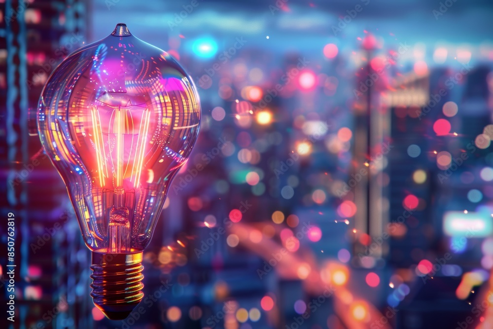Illuminated light bulb over cityscape at dusk Illuminated light bulb over cityscape at dusk