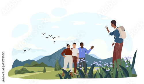 Tourists hiking concept. Men and women with backpacks walk in mountains. Active lifestyle and leisure. Hikers and campers outdoors. Travelers in wilderness. Cartoon flat vector illustration