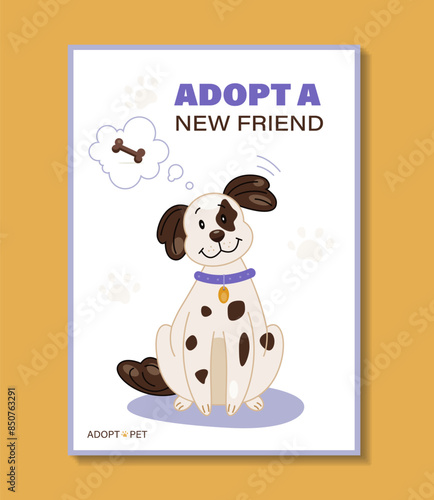Adopt pet poster. Dalmatian in violet collar sits. Rescue domestic animal and pet. Support, care and love. Flyer and leaflet, booklet. Cartoon flat vector illustration isolated on yellow background