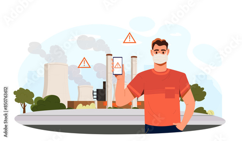 Man with air pollution. Young guy in mask stands against backdrop of factories. Release of co2 and harmful substances into atmosphere. Unhealthy smoke. Cartoon flat vector illustration