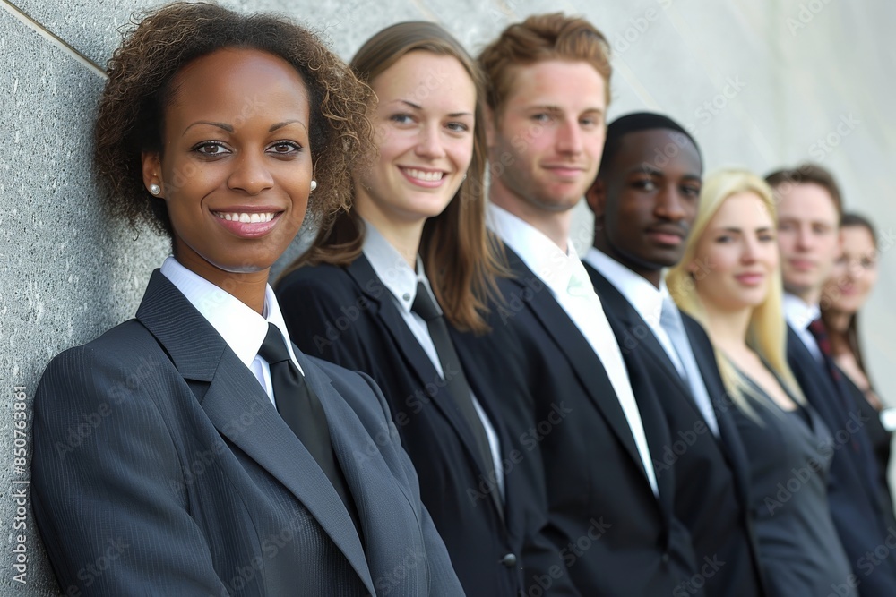 Portrait of a group of business people standing in front of a wall Portrait of a group of business people standing in front of a wall