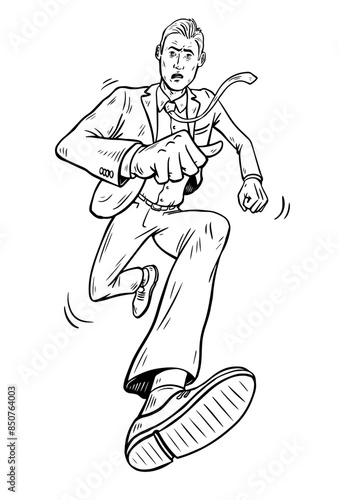 Young businessman in a hurry. Runs at high speed. Stress and being late for work. Humorous picture. Cartoon vector black and white illustration. Pop art drawn outline style