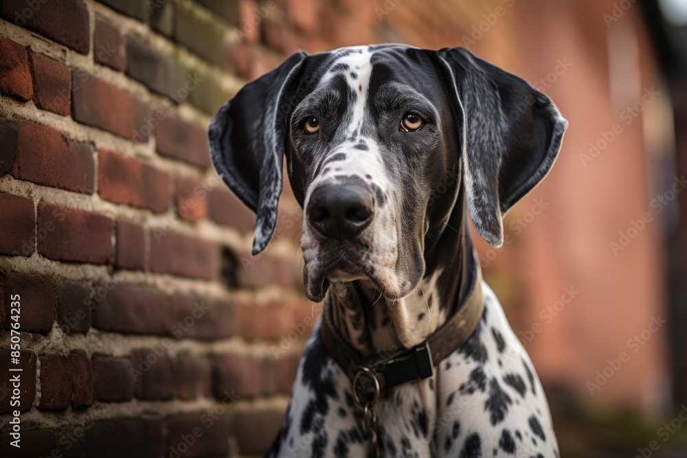 Portrait of a happy great dane while standing against vintage brick wall Portrait of a happy great dane while standing against vintage brick wall