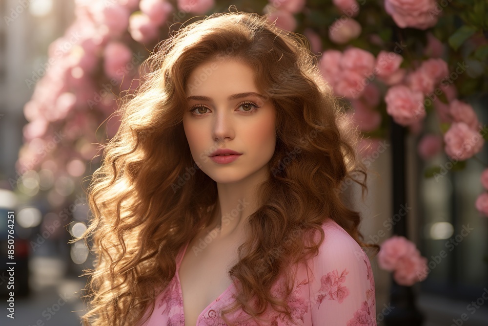 A woman with long red hair is standing in front of a tree with pink flowers A woman with long red hair is standing in front of a tree with pink flowers