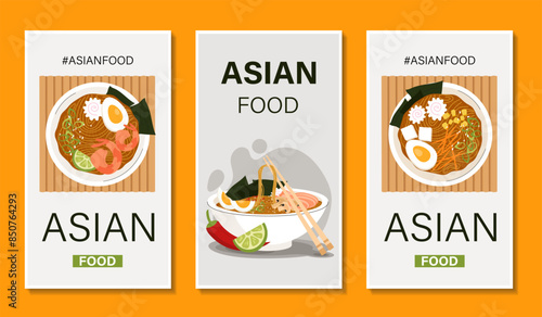 Asian food posters set. Bowl with ramen. Asian traditional soup with noodles and seafood. Korean cuisine. Cafe or restaurant menu. Cartoon flat vector collection isolated on orange background