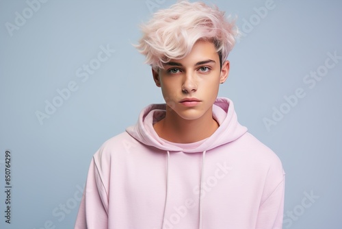 A young man with pink hair is wearing a pink hoodie