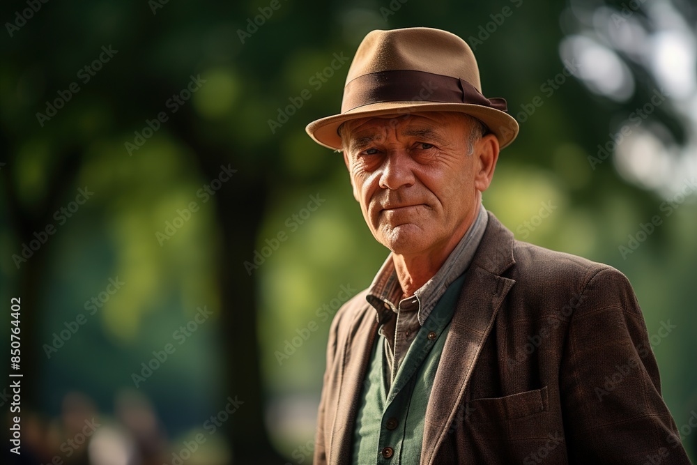 A man wearing a brown hat and a brown jacket is standing in a park A man wearing a brown hat and a brown jacket is standing in a park
